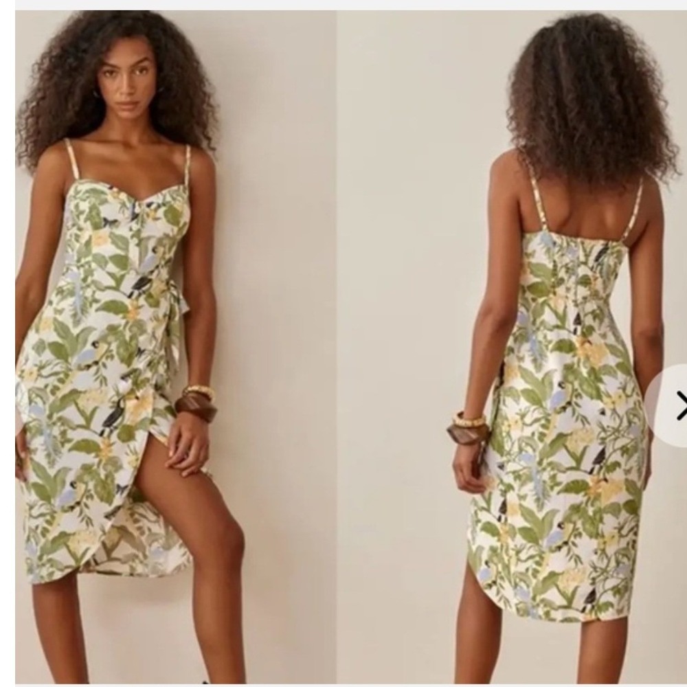Reformation Midi Dress Womens 2 White Tropical Bird Floral Wrap Button Slit